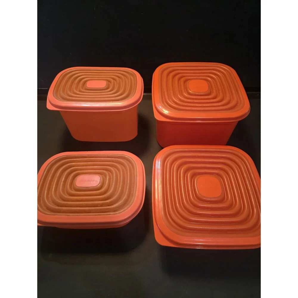 Vintage Tupperware Servalier One Touch Canister Set Orange Accordion Lids 4 Pc